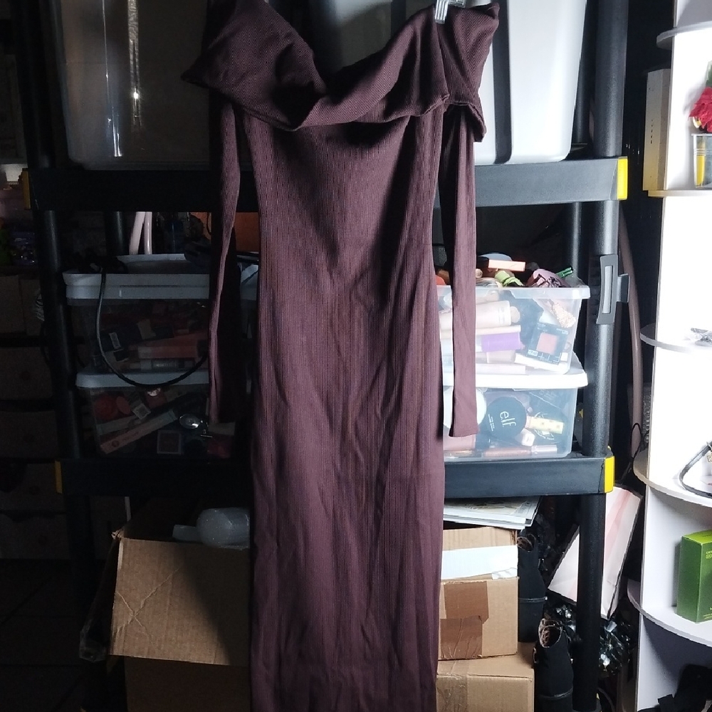 Fashion Nova Brown Off-Shoulder Long Sleeve Dress
